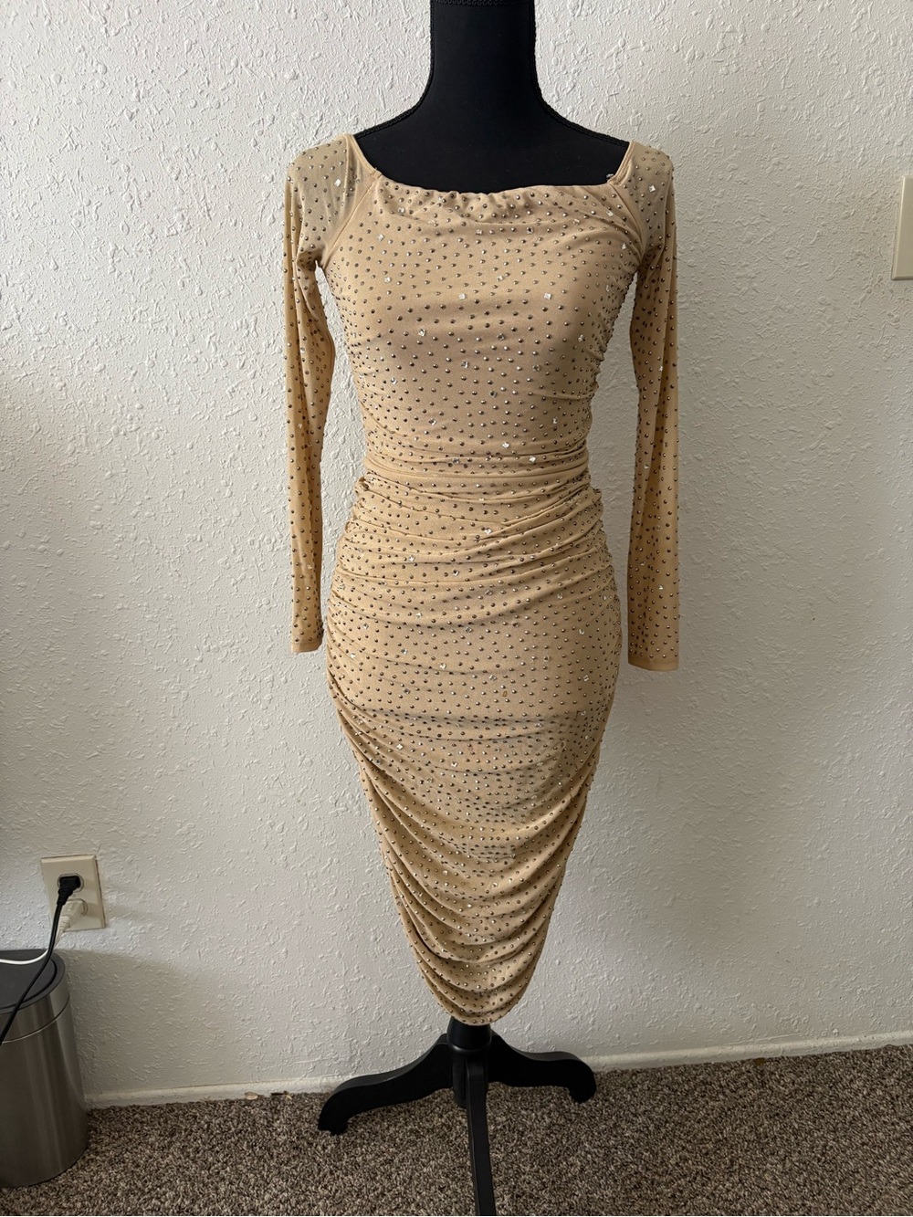 Windsor Nude-Beige Long Sleeve Ruched Bodycon Dress with Stud Details